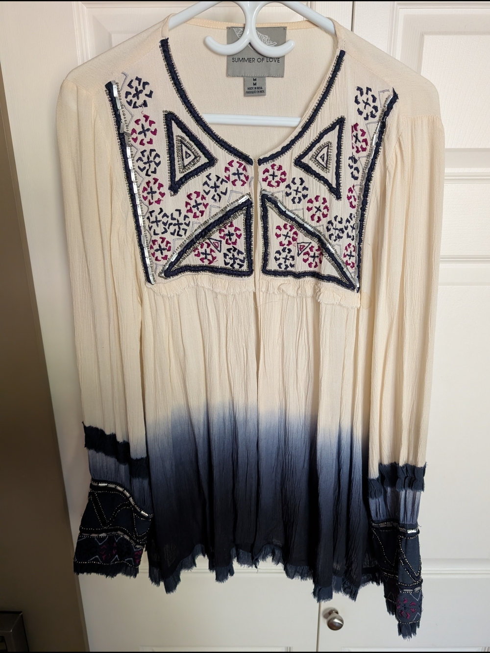 Summer of Love Women's Cream and Navy Embroidered Dip-Dye Peasant Top